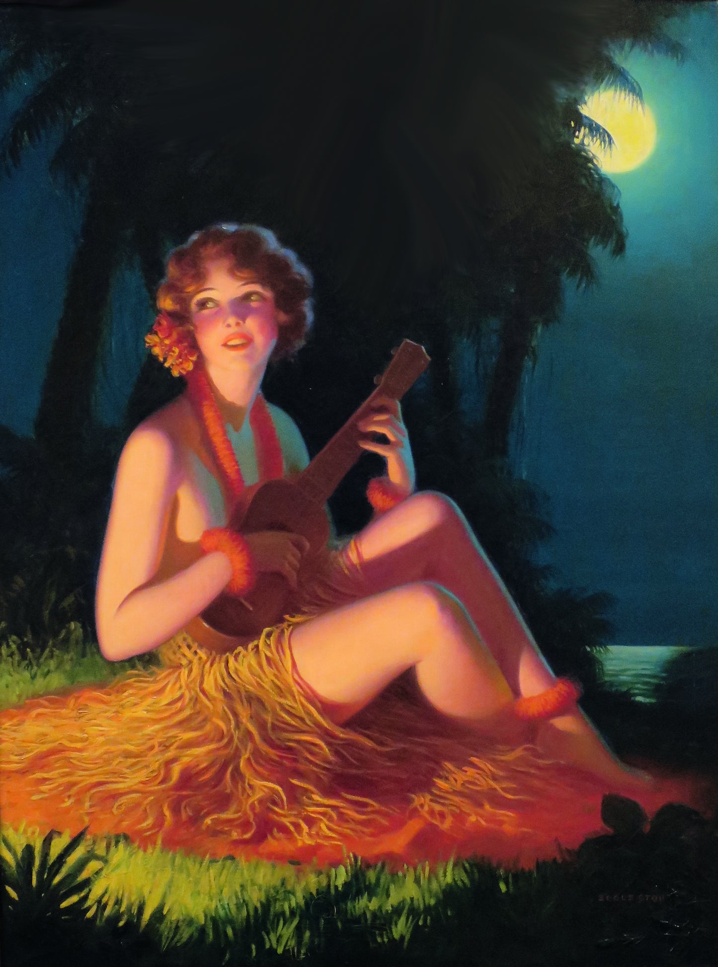 Girl In Moonlight With Banjo Ukulele | Edward Mason Eggleston